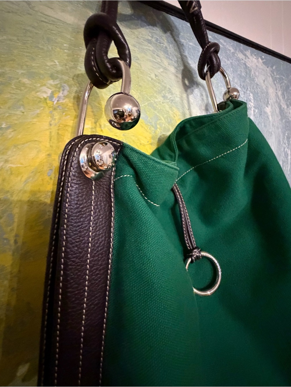 BCBGMaxAzria Green Canvas Messenger Bag with Dark Brown Leather Trim - Picture 3 of 11